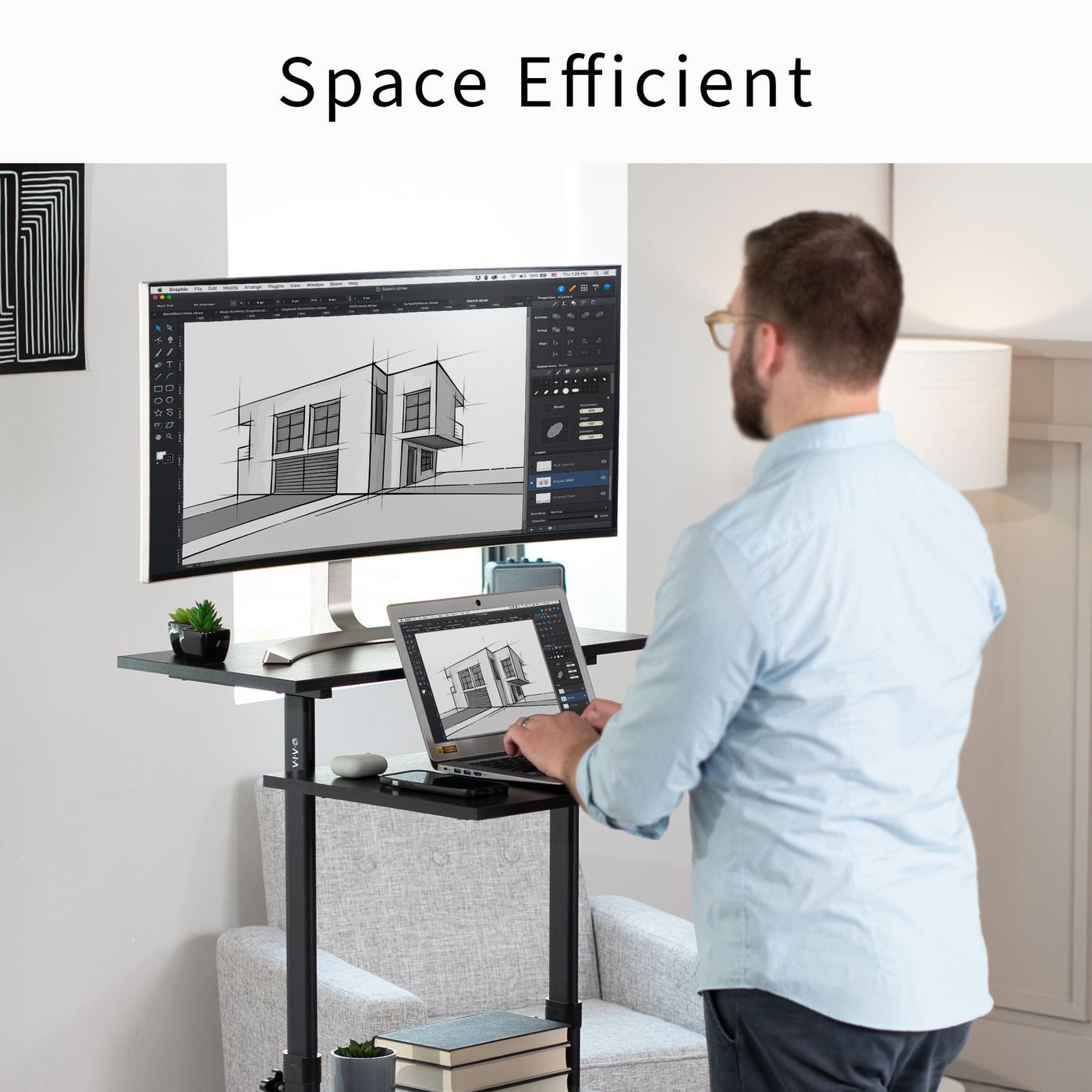 A height adjustable mobile stand-up desk that is perfect for use at the office, home, showroom, and classroom, and provides ample room for typing, writing, and storing. 
