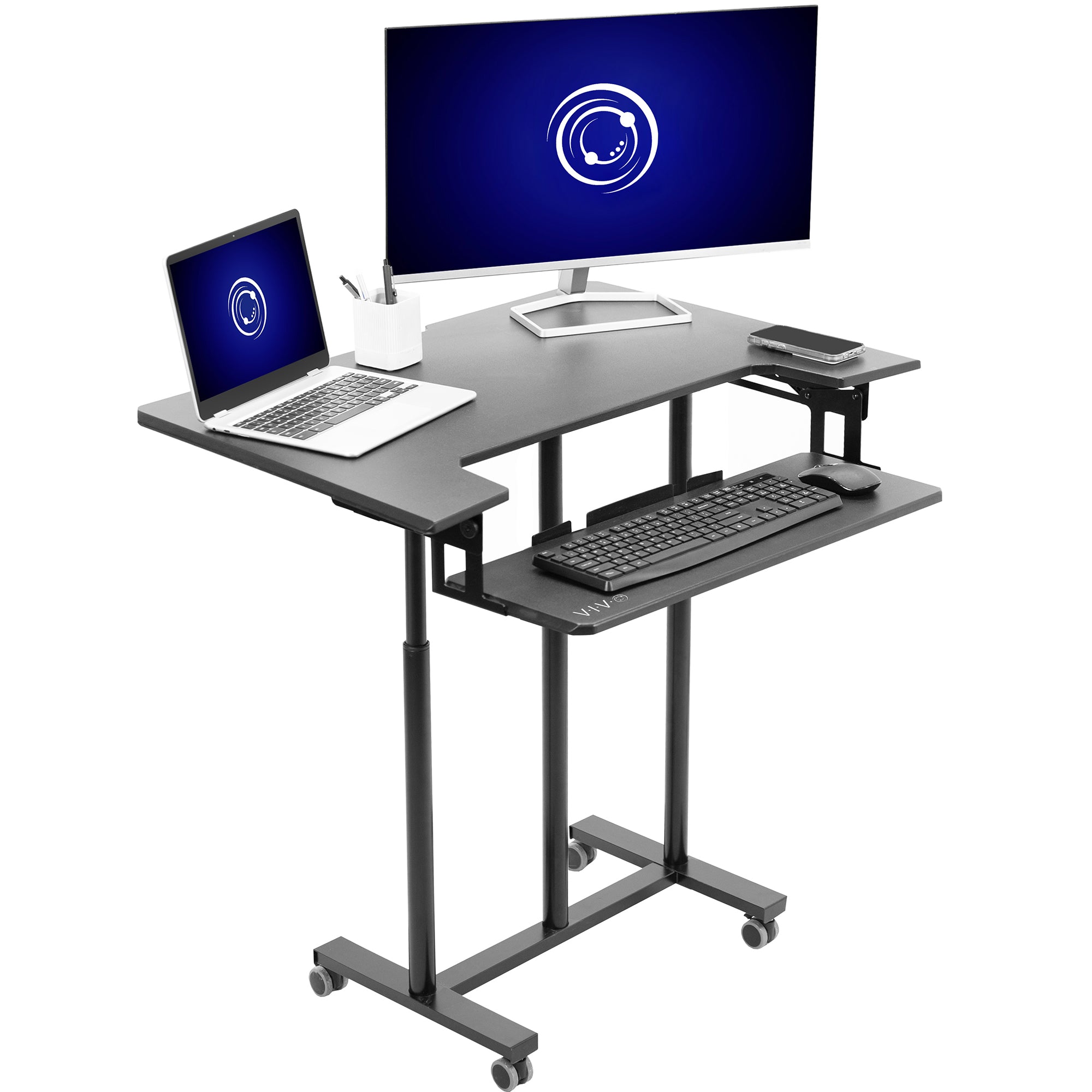 Ergonomic mobile adjustable computer workstation cart.