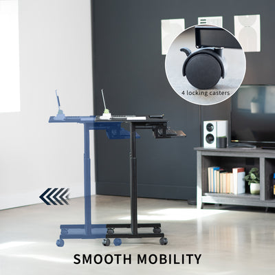 Ergonomic mobile adjustable computer workstation cart with locking casters for smooth mobility.