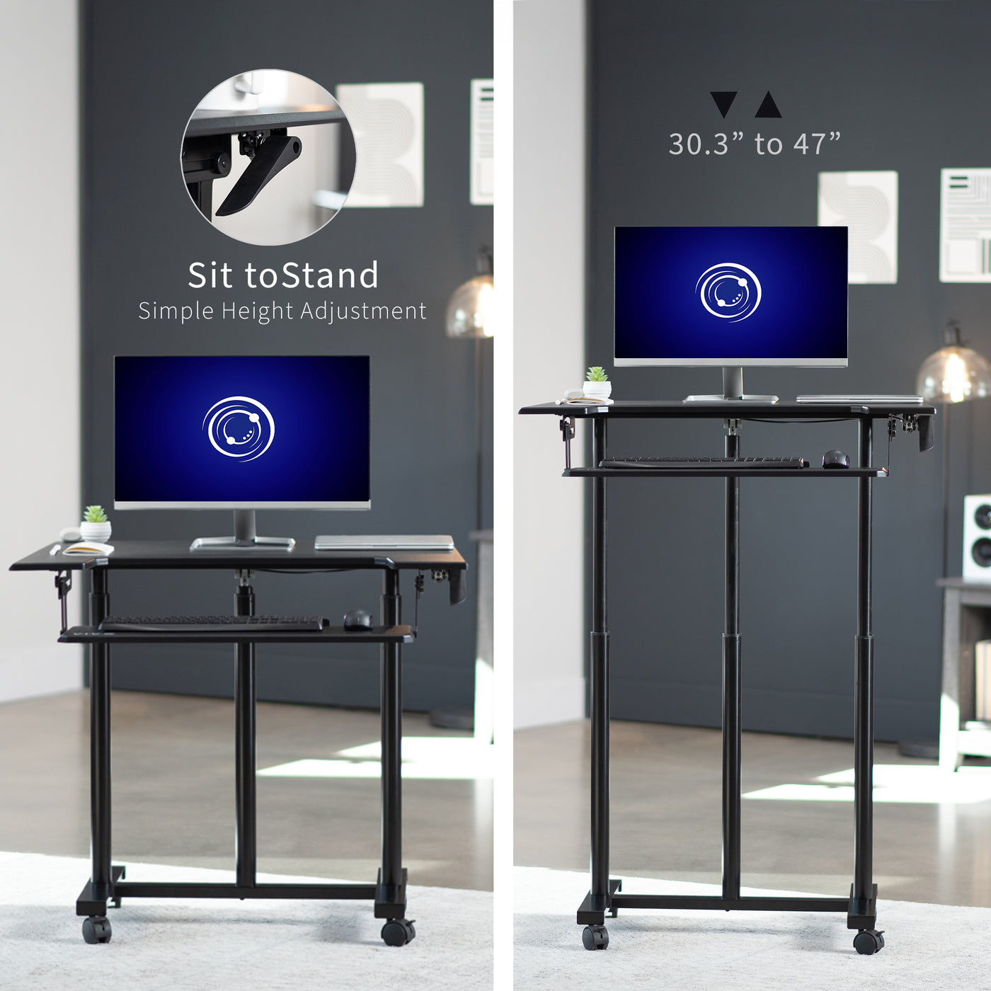 Ergonomic mobile adjustable computer workstation cart with simple height adjustment for sit to stand workstation.