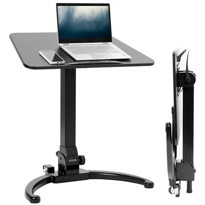 Sleek mobile foldable laptop desk with height adjustment and tilt. Can fold away to store behind furniture.