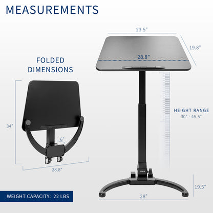 Sleek mobile foldable laptop desk with height adjustment and tilt. Can fold away to store behind furniture.