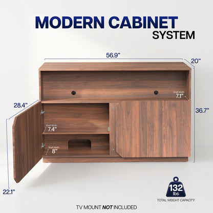 A modern wooden cabinet system shown on a light gray background with dimension callouts and text reading 'MODERN CABINET SYSTEM.' The cabinet has a medium brown woodgrain finish, an open left door, a top shelf, a lower open compartment, and a right-side cabinet door.