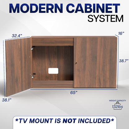 Walnut cabinet system with dimensions labeled on a white background