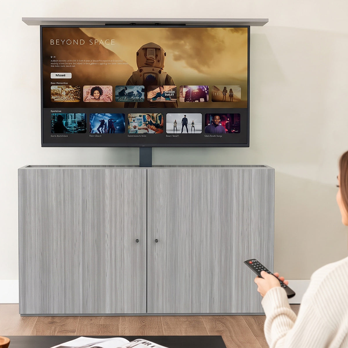 Modern living room with a gray TV cabinet concealing the TV.