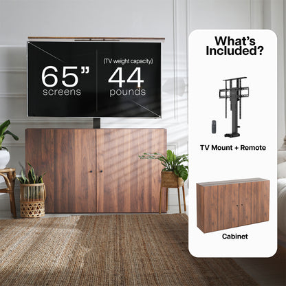 Wooden TV cabinet with a flat-screen TV mounted on it.