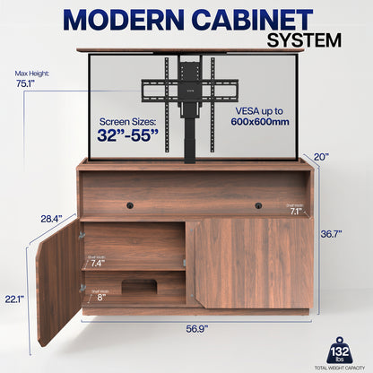 A modern wooden TV cabinet system with a mounted screen and wall mount shown on a light gray background, with dimension callouts and text indicating screen sizes, heights, cabinet capacity, and weight.