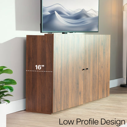A low-profile TV stand or media console with a wood grain finish, shown in a styled room setting with a TV on top. The left side panel is highlighted with a '16"' measurement overlay and the text 'Low Profile Design' at the bottom right.