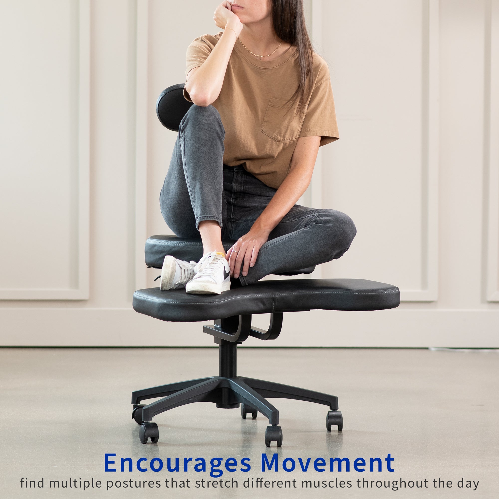 Fully adjustable cross legged desk chair with wheels for better posture and increased productivity.