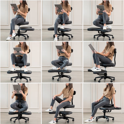 Fully adjustable cross legged desk chair with wheels for better posture and increased productivity.