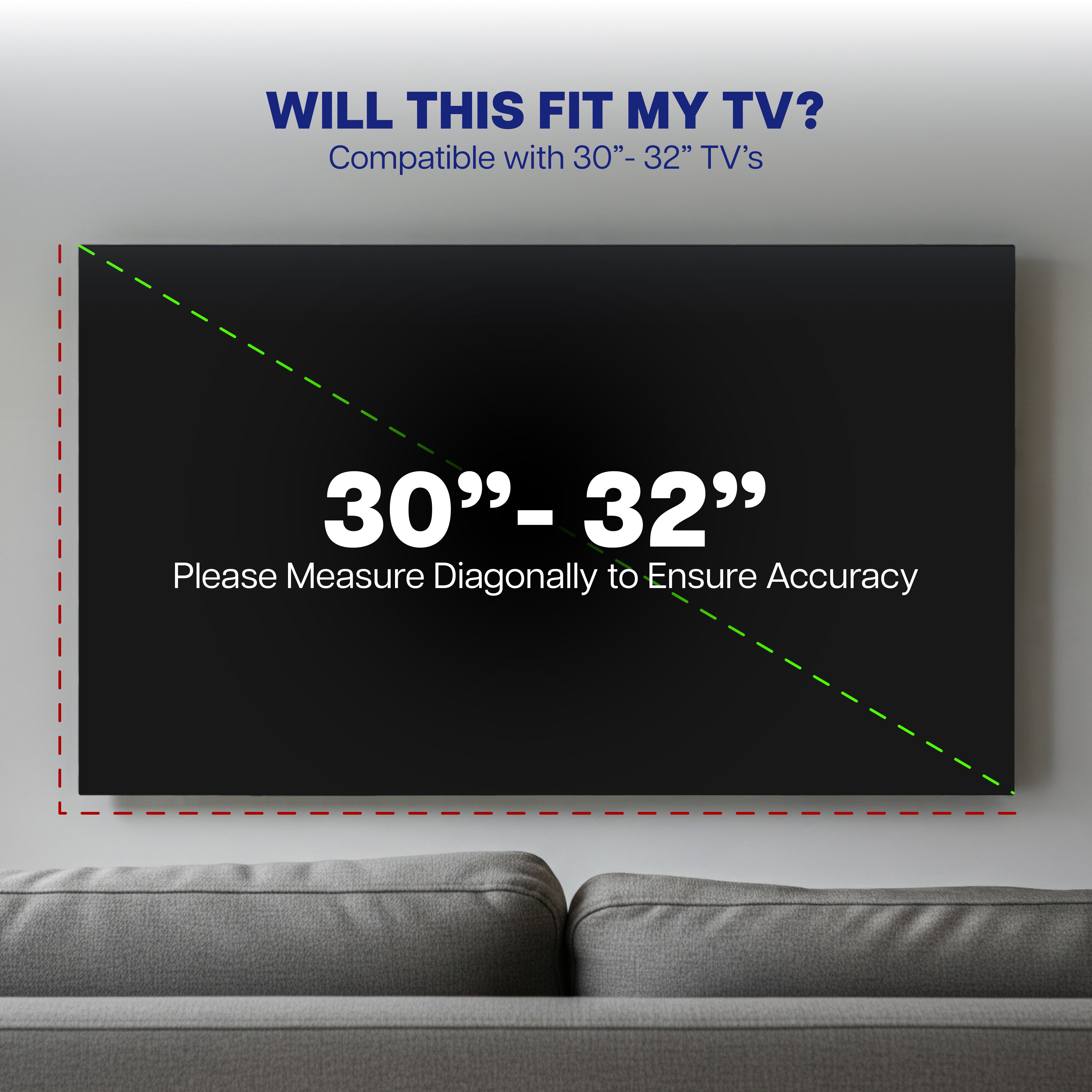 TV cover with measurement guide for compatibility with 30"-32" TVs, placed above a sofa.