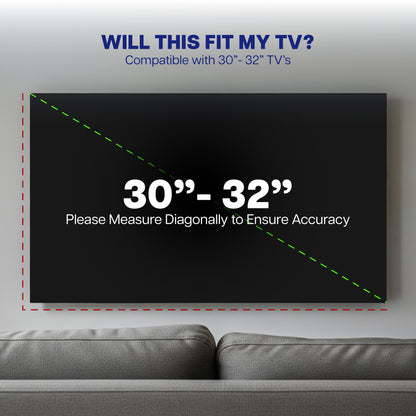 TV cover with measurement guide for compatibility with 30"-32" TVs, placed above a sofa.