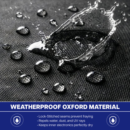 Water droplets on weatherproof Oxford material with text highlighting its properties.