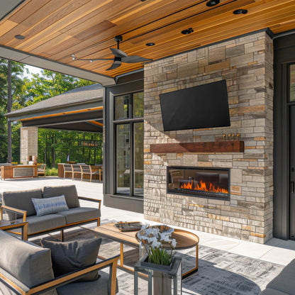Outdoor patio with stone fireplace, TV and TV cover, and furniture