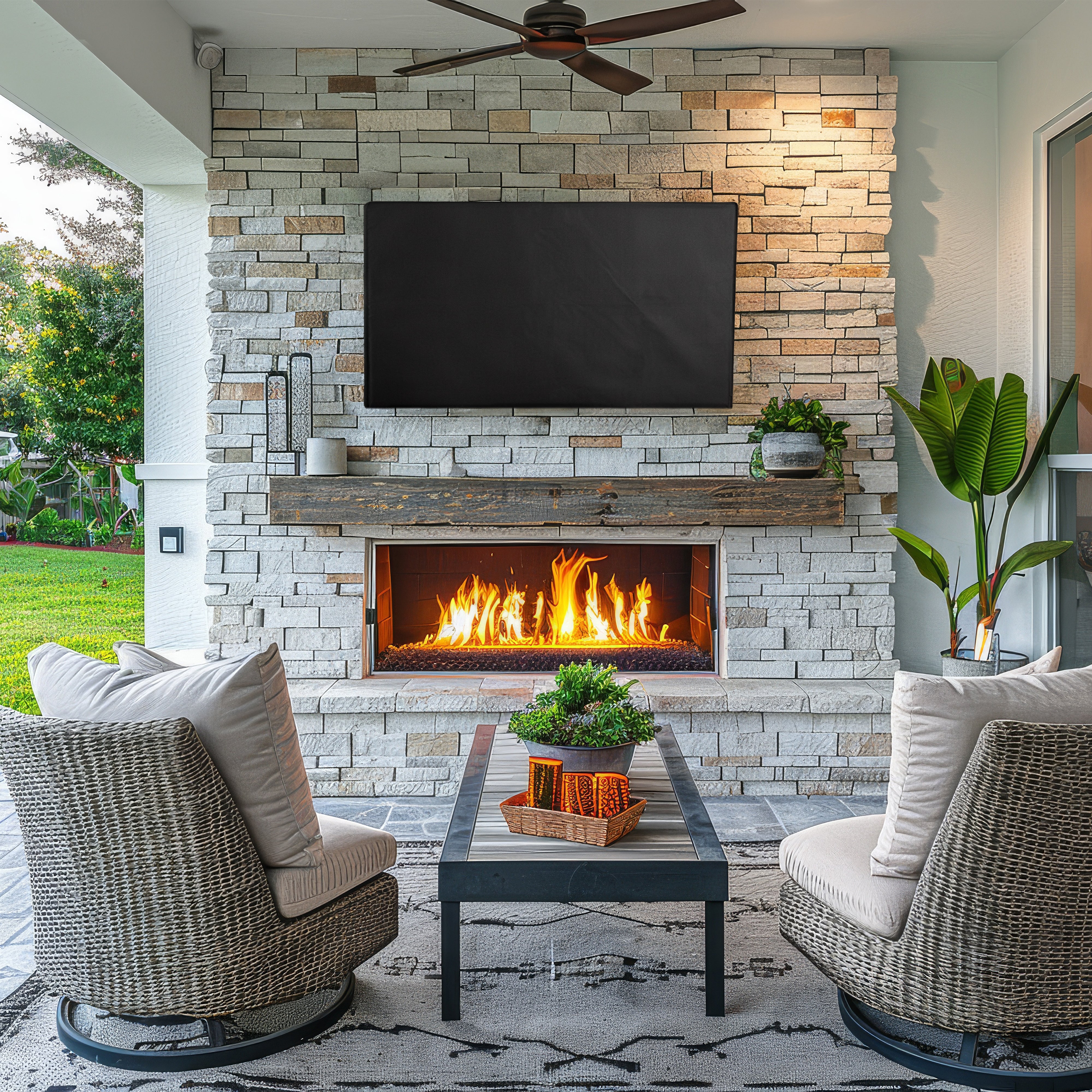 Outdoor living space with stone fireplace, TV and TV cover, and patio furniture.