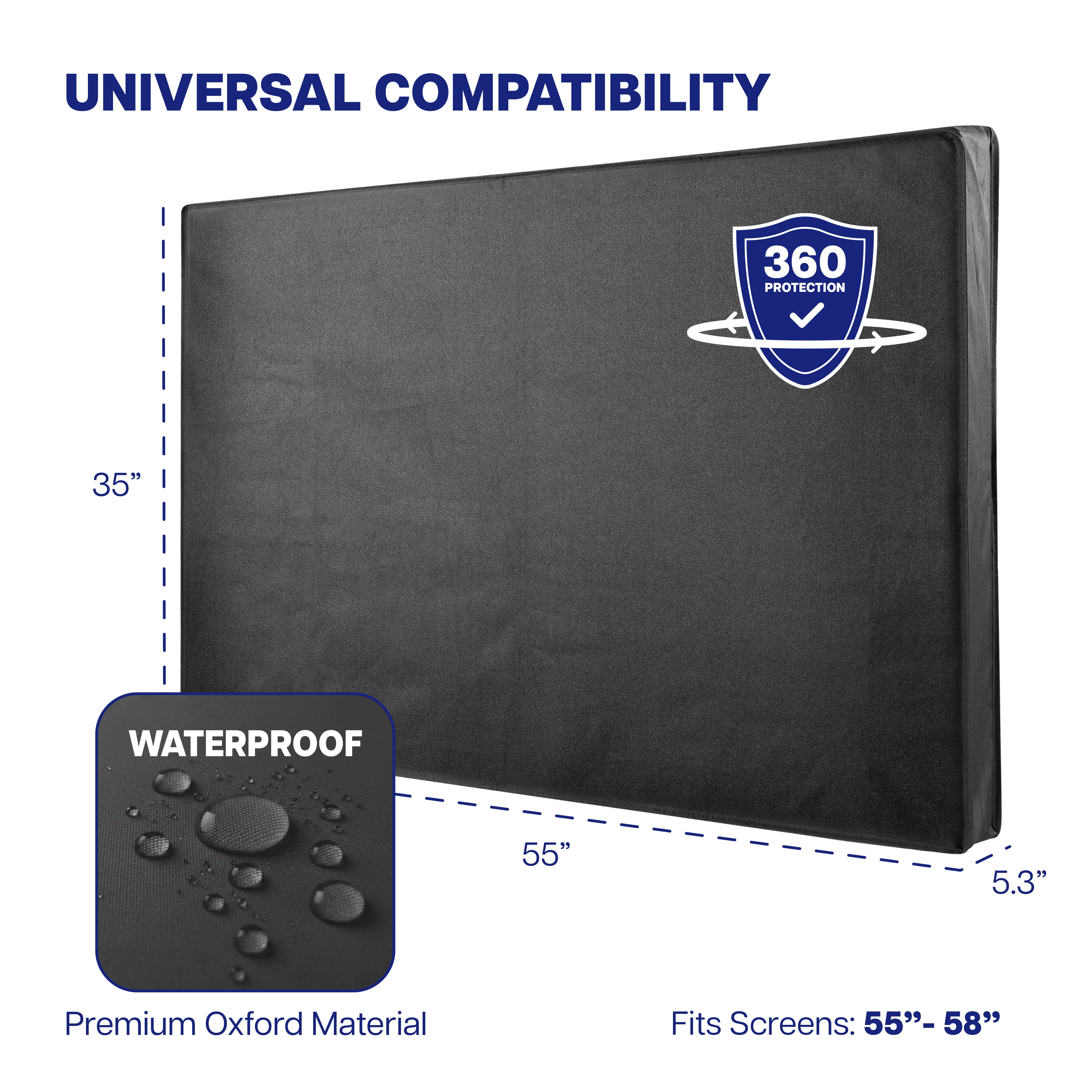 Black TV screen protector with measurements and compatibility details on a white background