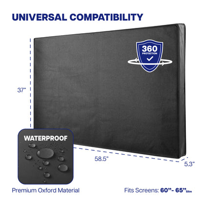 Black TV screen protector with 360 Protection logo, dimensions, and waterproof feature on a white background