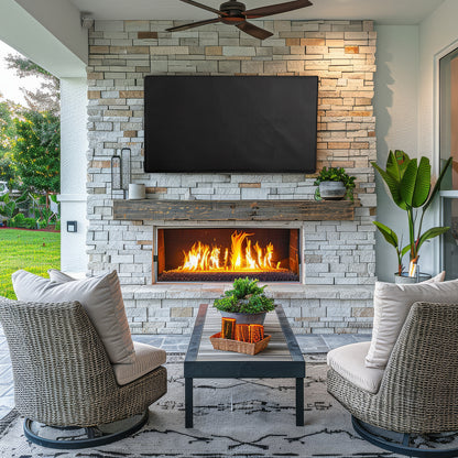 TV with TV cover in outdoor patio setting