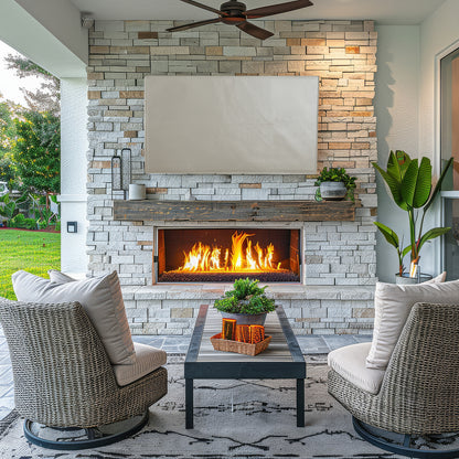 Protective flat screen TV cover in an outdoor patio setting.