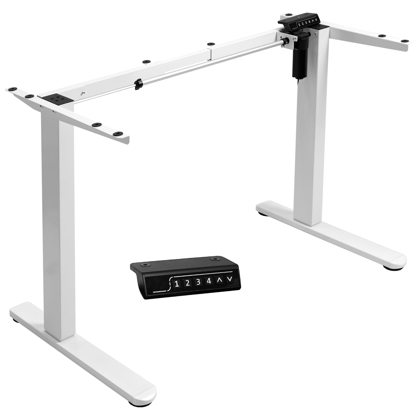 Electric sit-to-stand desk frame with rear set legs.