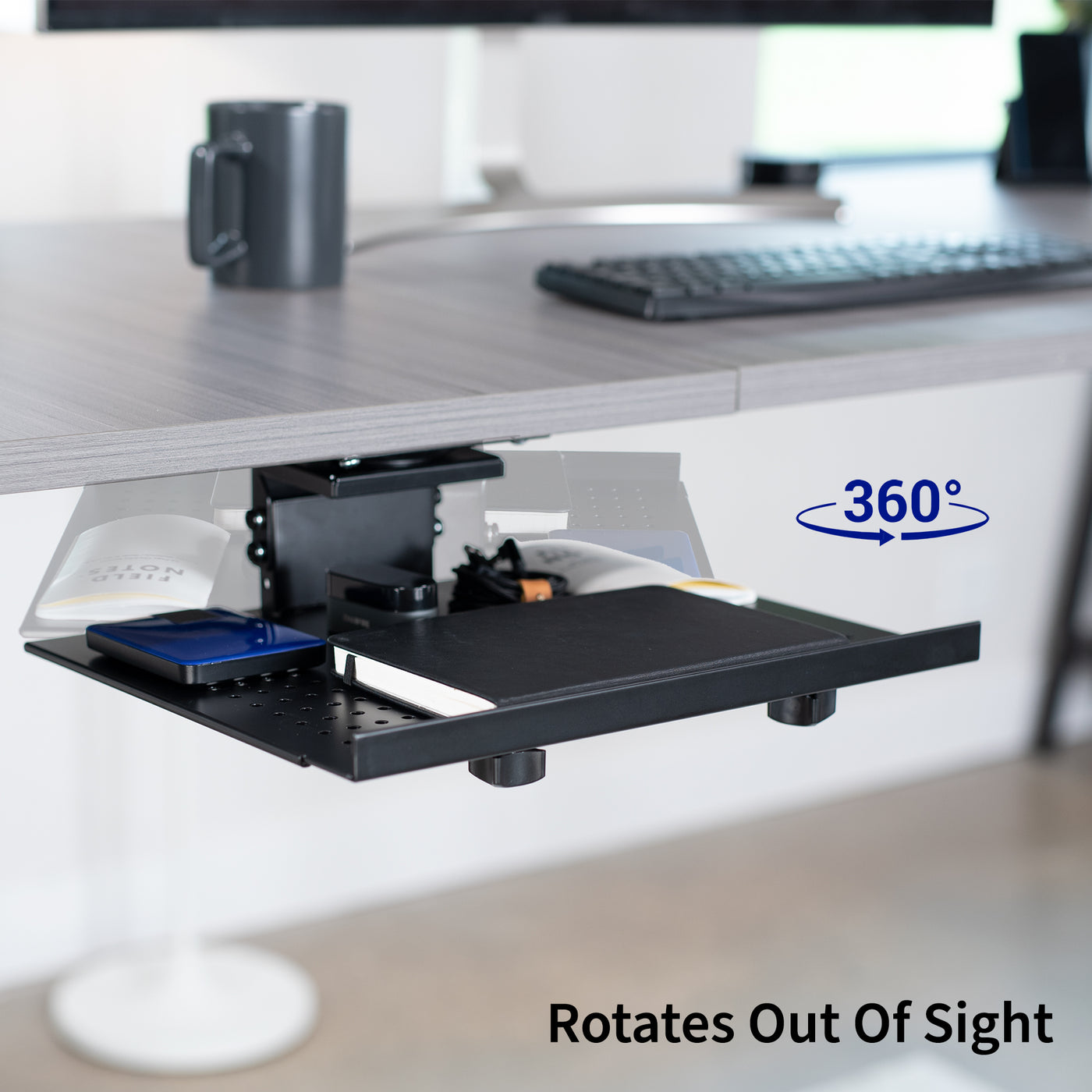 Under desk adjustable laptop tray lets you have comfortable typing angles as you work.
