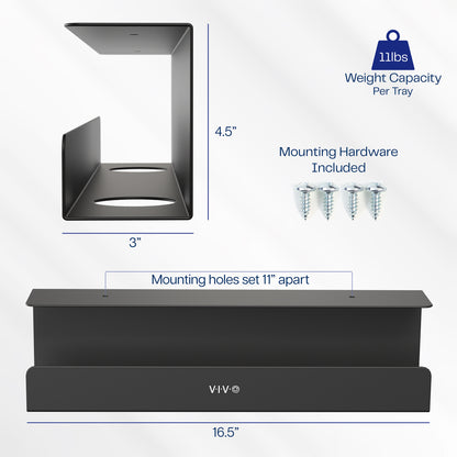 Black cable management trays with dimensions and hardware information on a white background