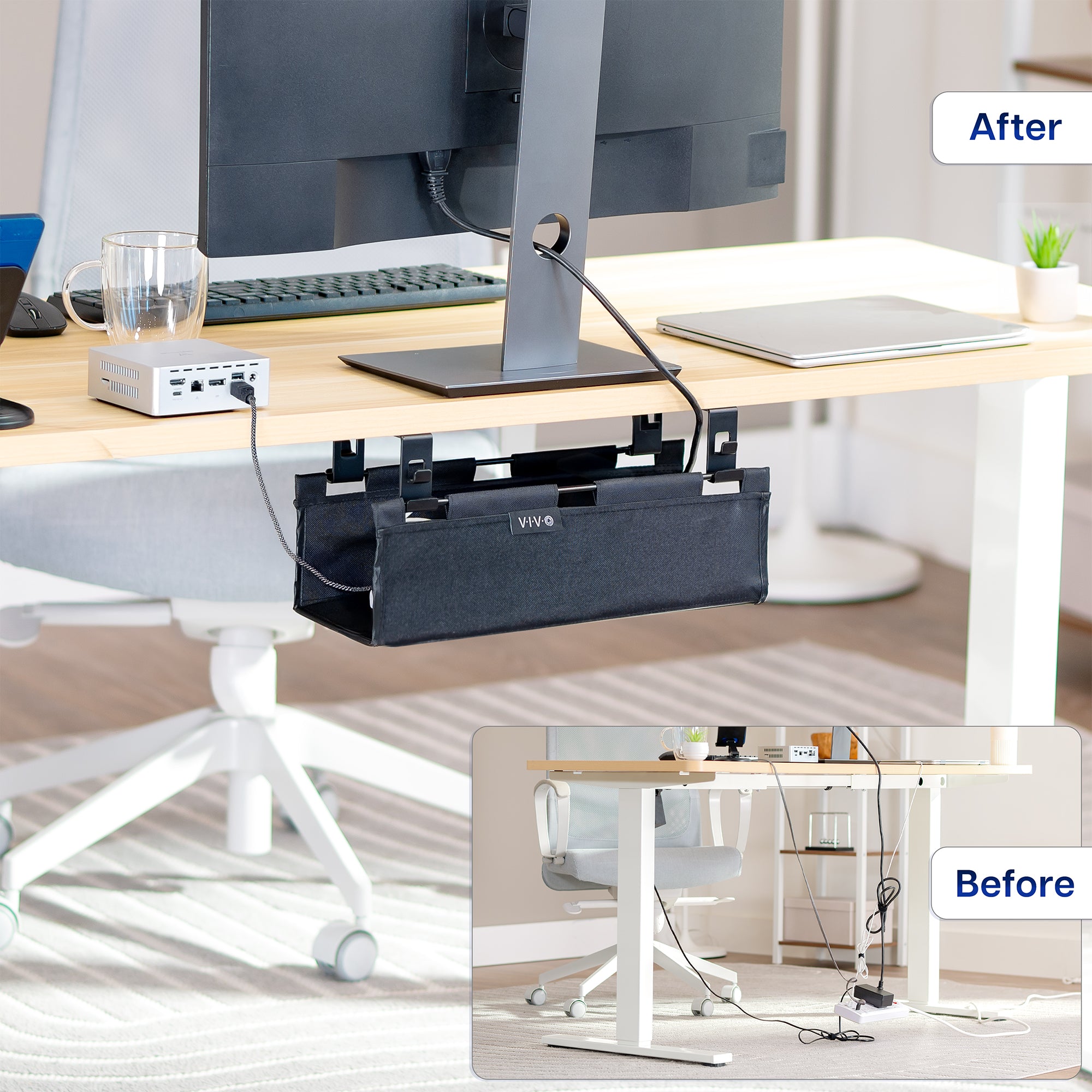 Under Desk Fabric Cable Management Tray on a desk with 'Before' and 'After' labels.