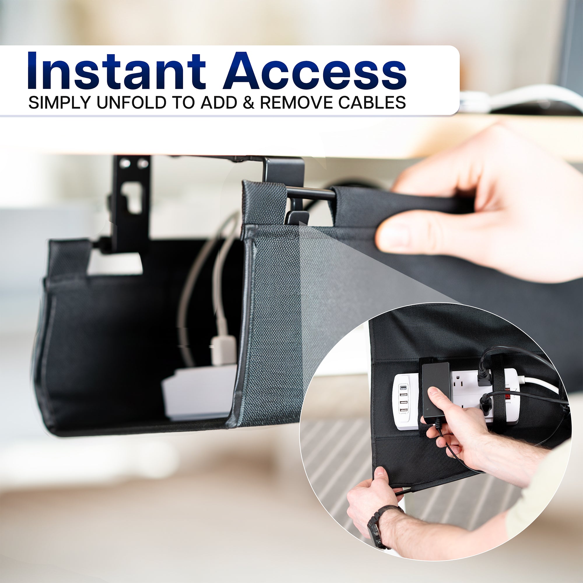 Under Desk Fabric Cable Management Tray with text 'Instant Access' and 'Simply unfold to add & remove cables'.