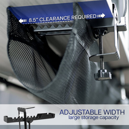 Under desk, clamp-on cable management net with adjustable width and clearance requirement label