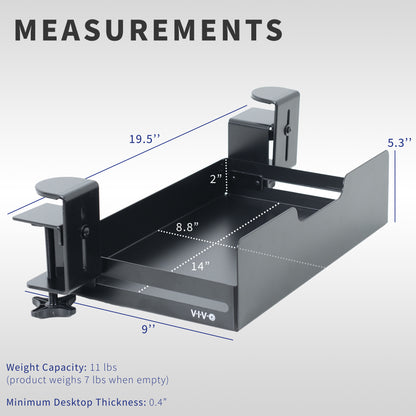 Sturdy low-profile flush under desk clamp-on desk drawer for organization and storage.