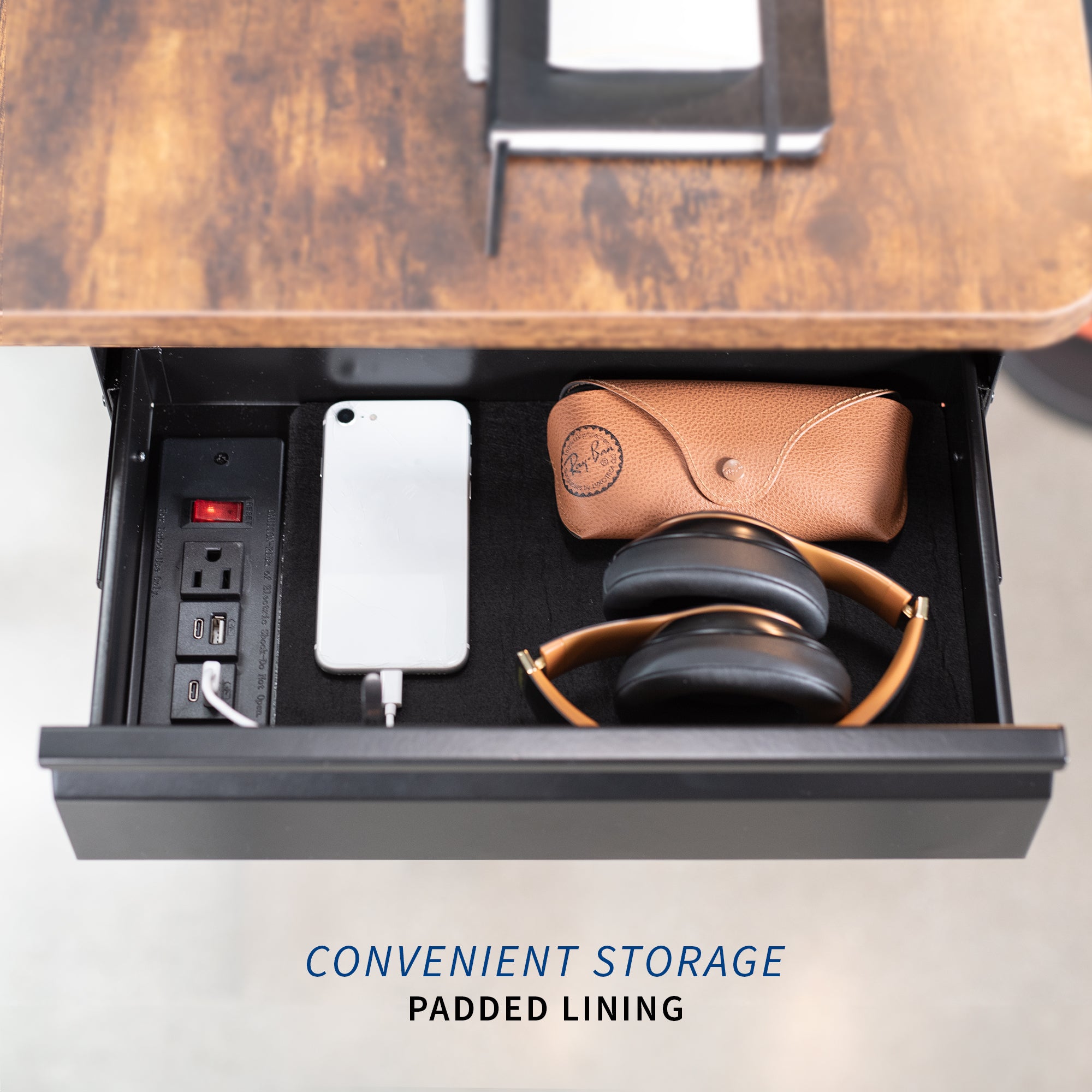 Durable versatile pullout under desk organizer drawer for extra storage with built-in power strip.