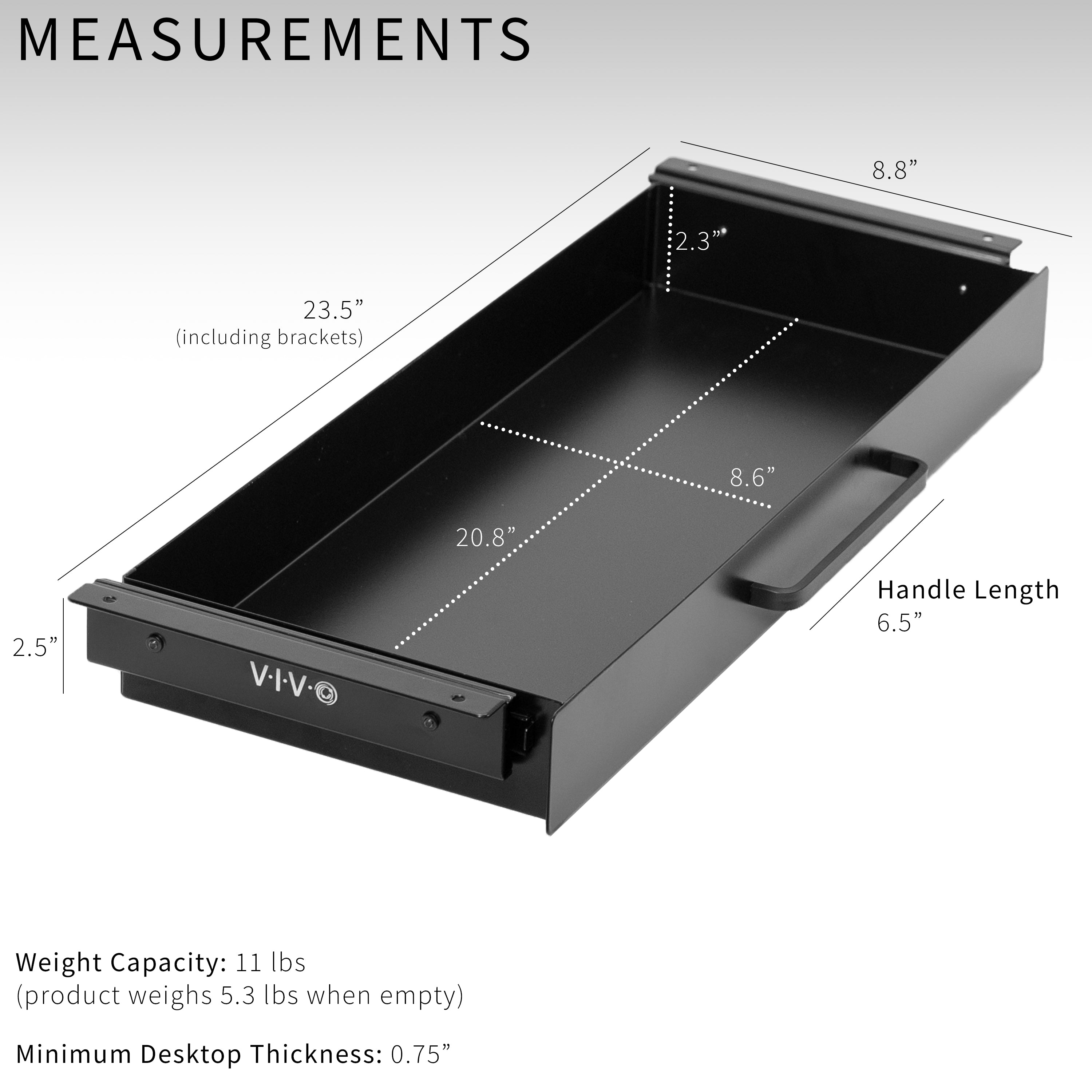 Low profile 22 inch under desk drawer with pull handle for convenient storage and organization.