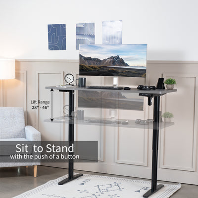 Smooth height adjustments are provided by the telescoping height adjustable desk legs.