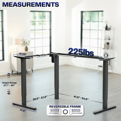 Ergonomic desk with measurements and specifications displayed on a semi-transparent office background