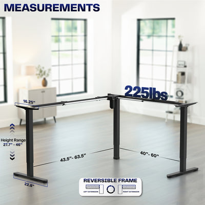 Standing desk frame with measurements displayed on a semi-transparent office background.
