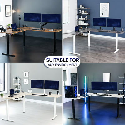 Collage of different office desks with computer setups in various environments using a corner electric frame. 