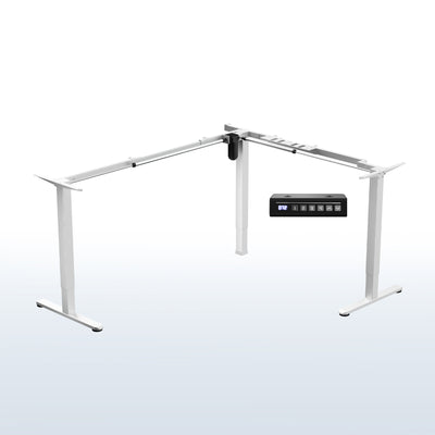 L-shaped white adjustable desk frame on a white background with a control panel