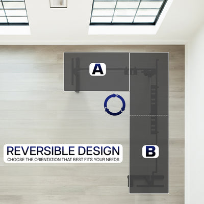 Reversible design desk frame with two orientations on a neutral background