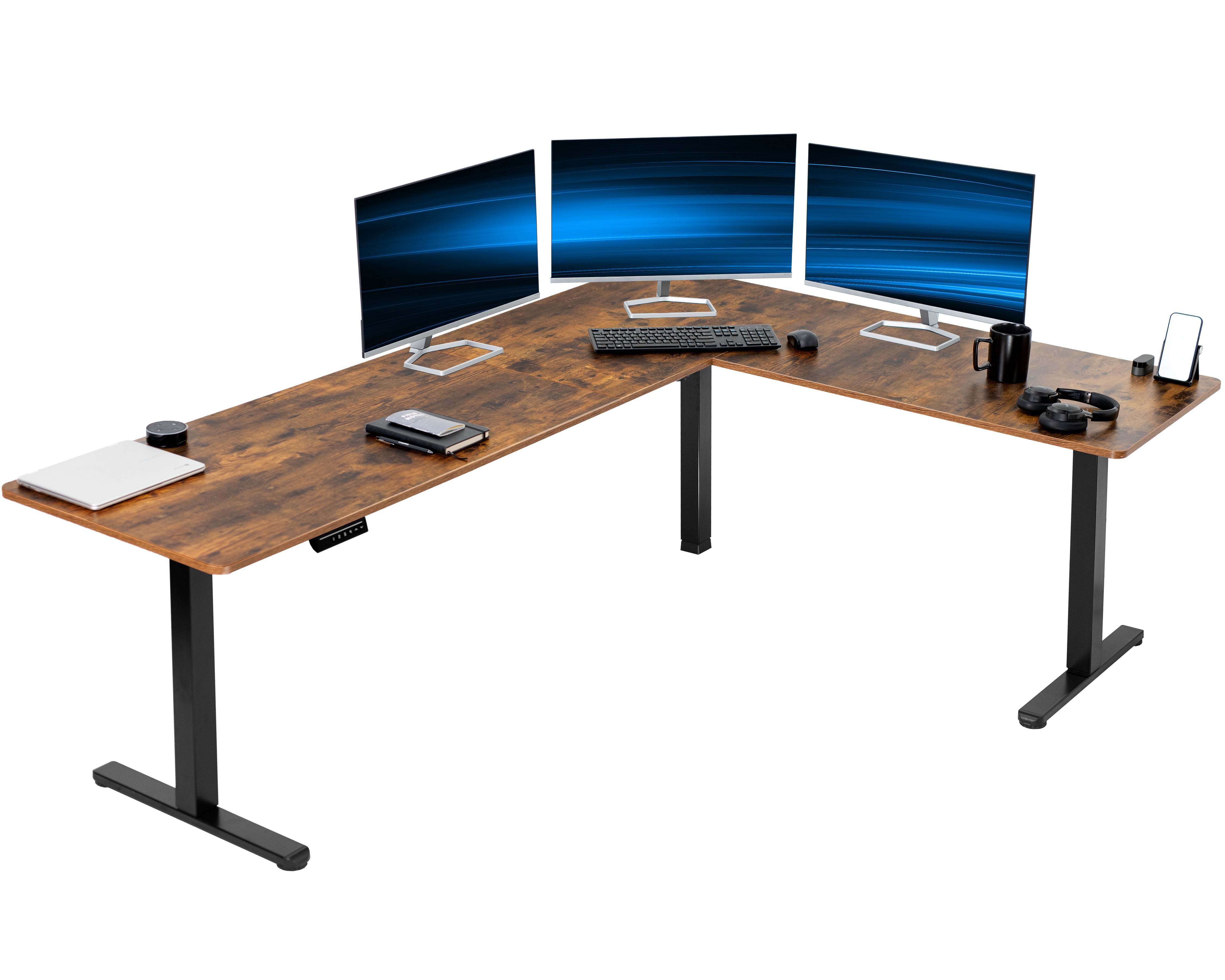 Electric heavy-duty large rustic corner desk workstation for modern office workspaces.