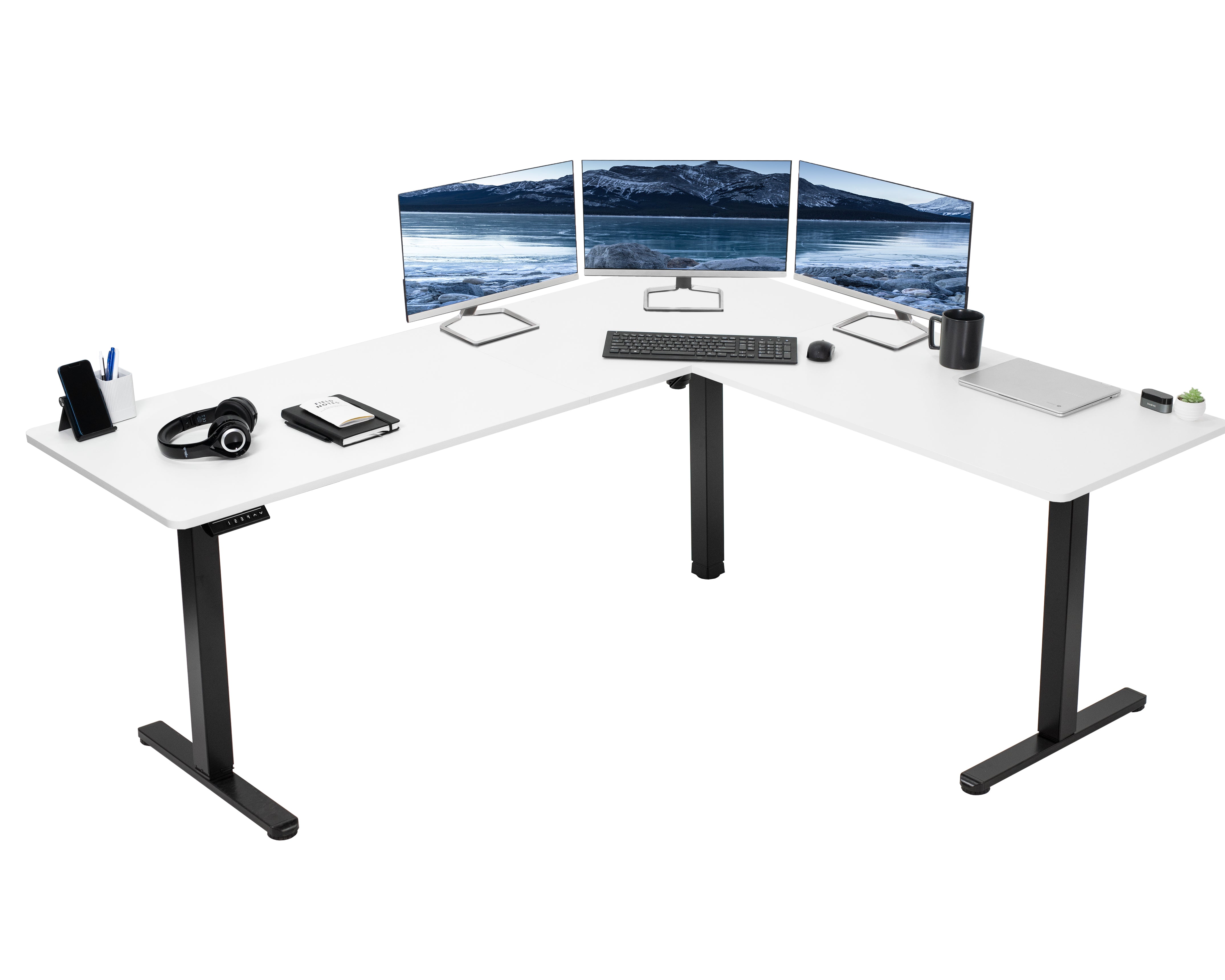 Electric heavy-duty corner desk workstation for modern office workspaces.