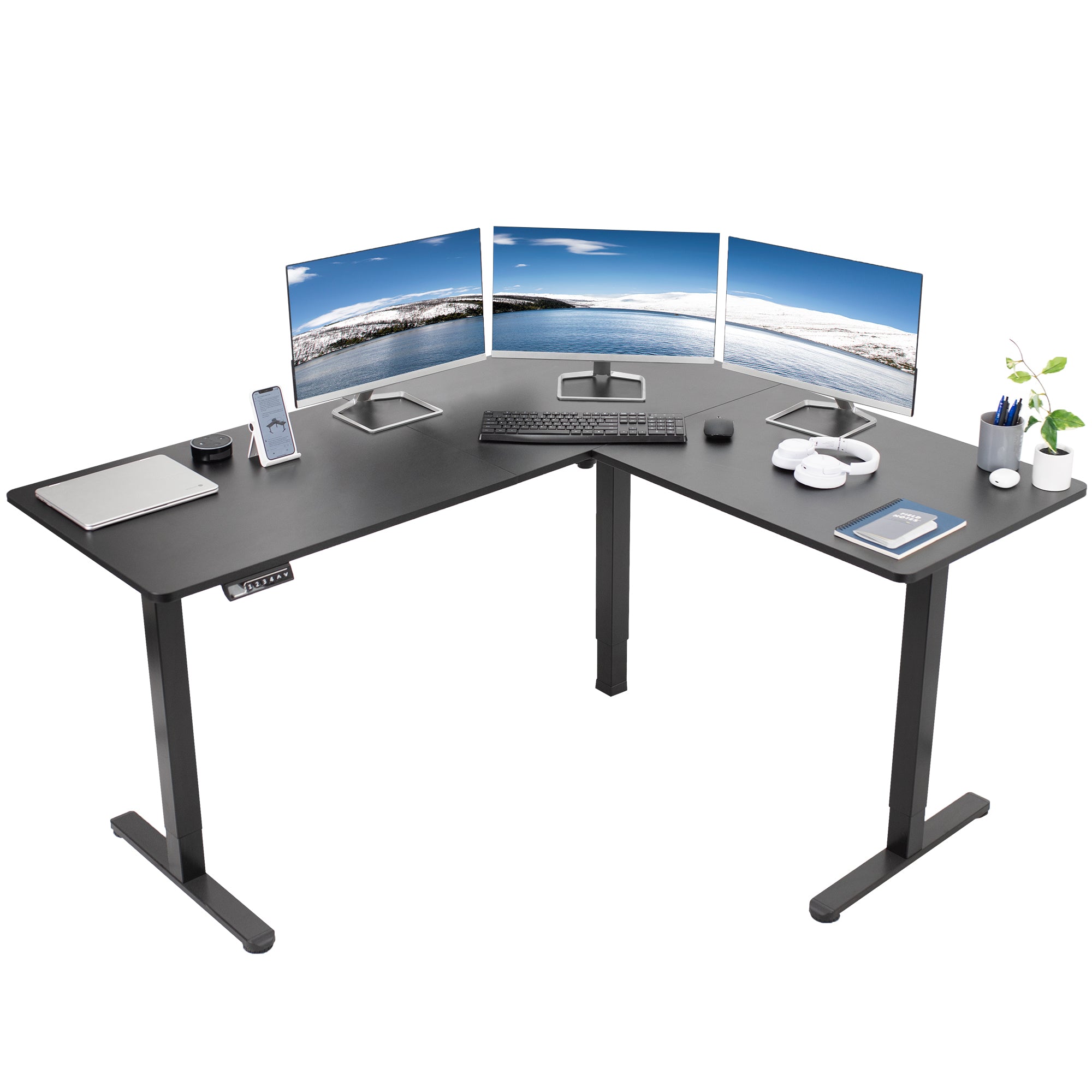 Electric heavy-duty corner desk workstation for modern office workspaces.