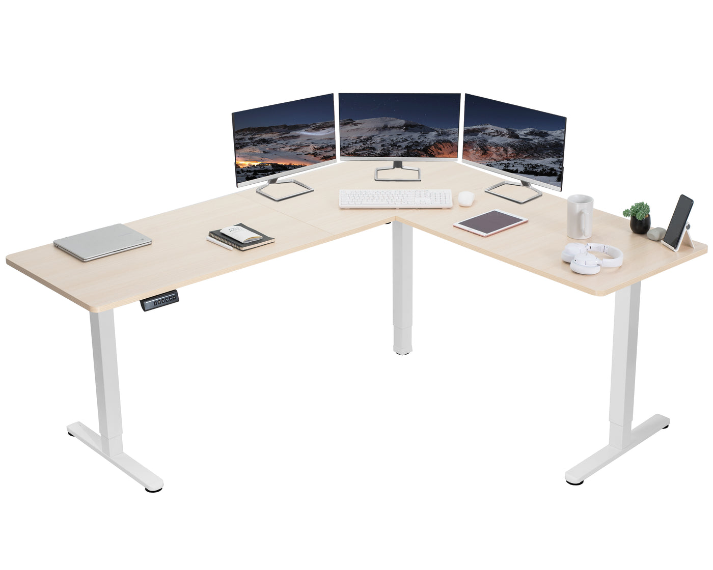 Electric heavy-duty corner desk workstation for modern office workspaces.