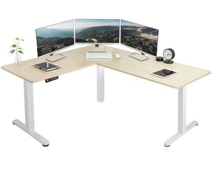 Heavy-duty electric height adjustable corner desk workstation for active sit or stand efficient workspace.