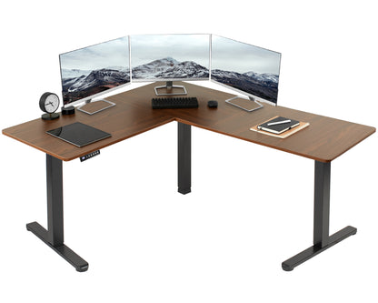 Heavy-duty electric height adjustable corner desk workstation for active sit or stand efficient workspace.