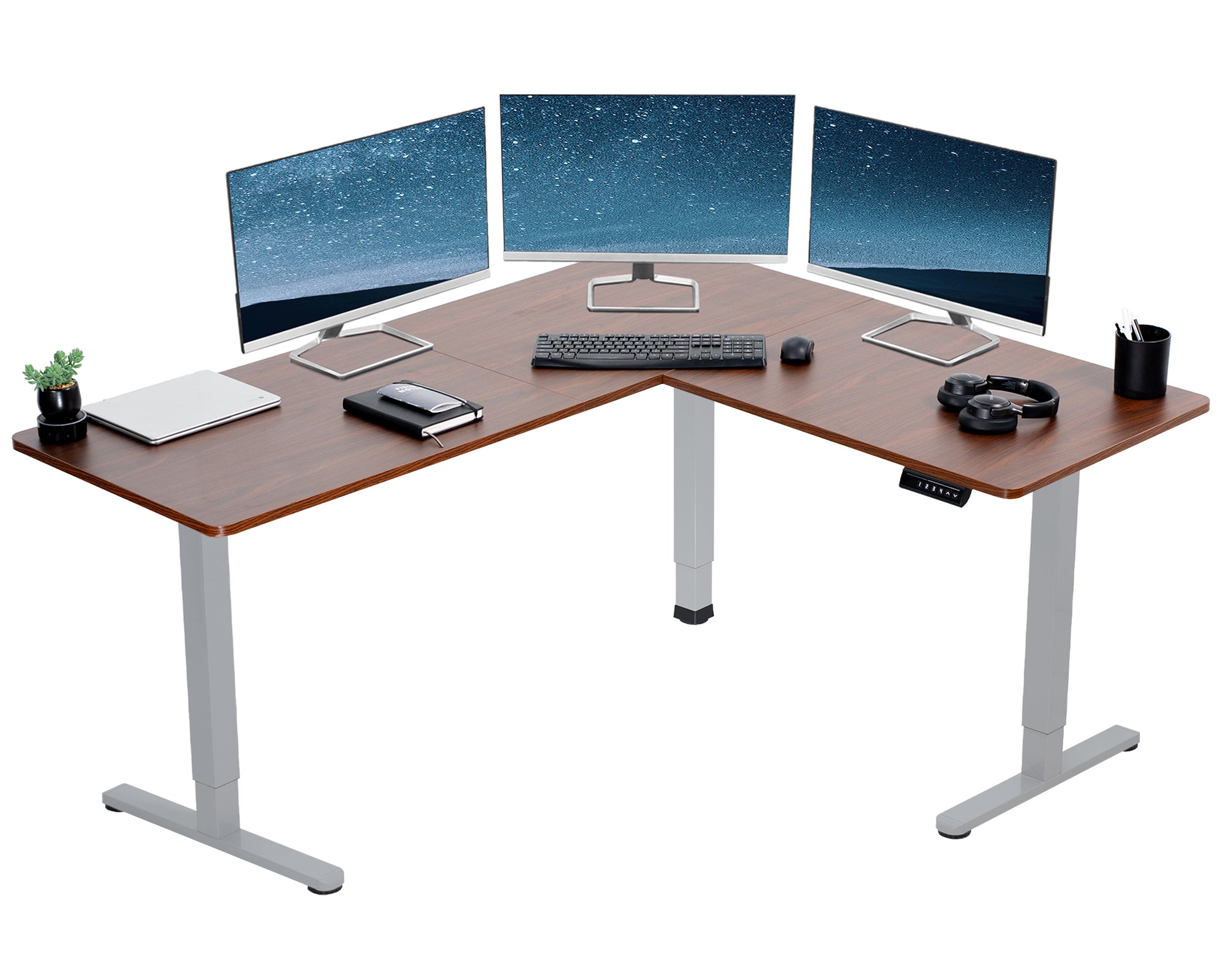 Electric heavy-duty corner desk workstation for modern office workspaces.