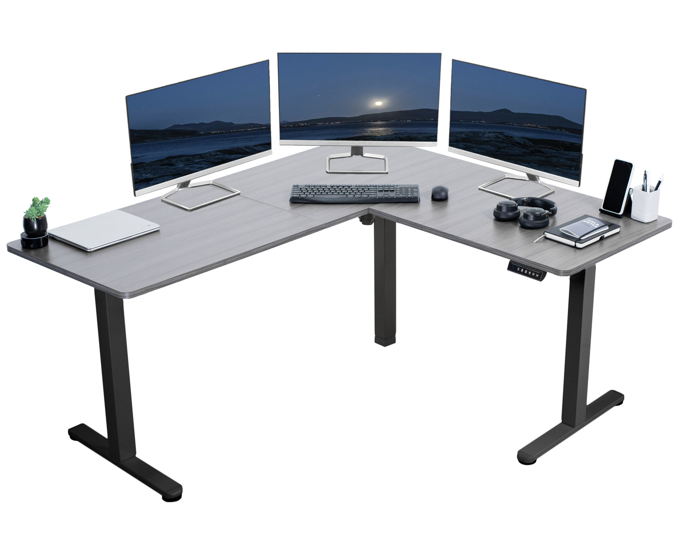 Heavy-duty electric height adjustable corner desk workstation for active sit or stand efficient workspace.