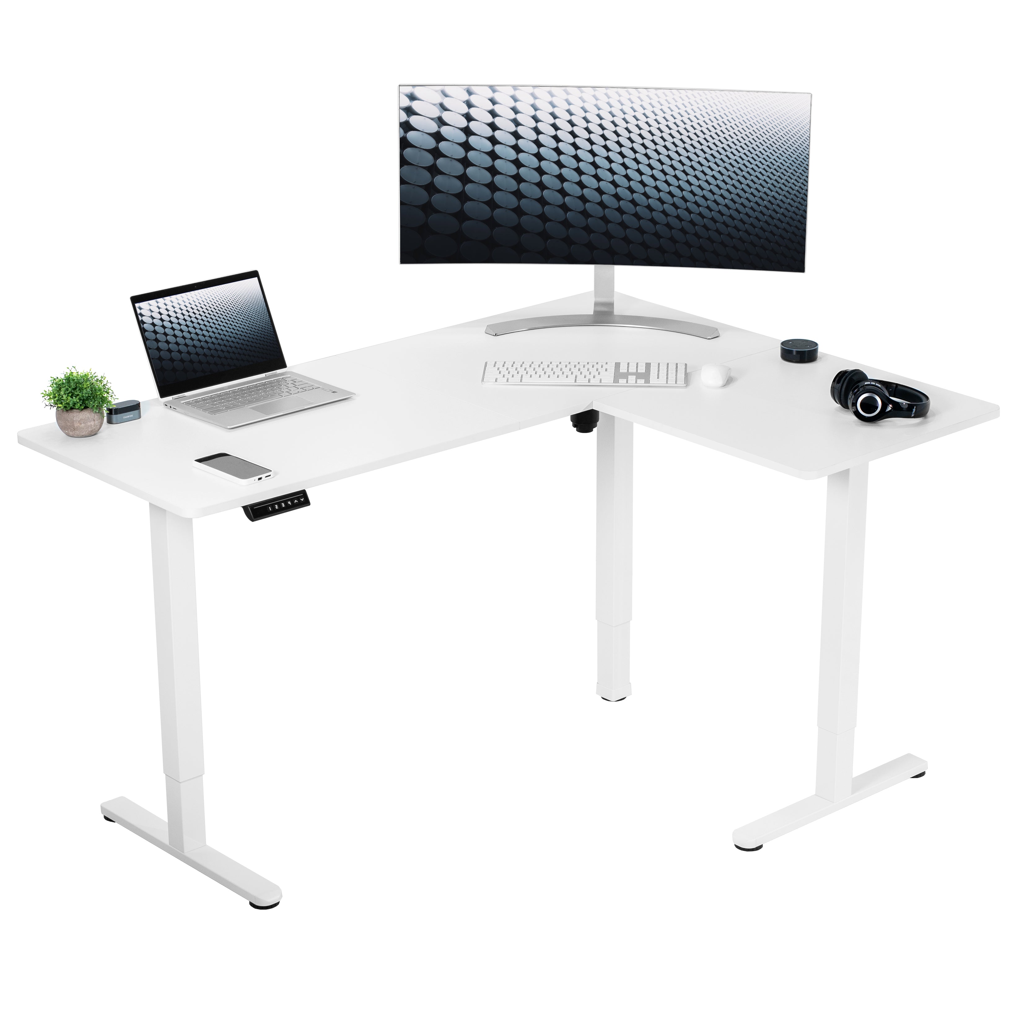 Electric heavy-duty corner desk workstation for modern office workspaces.