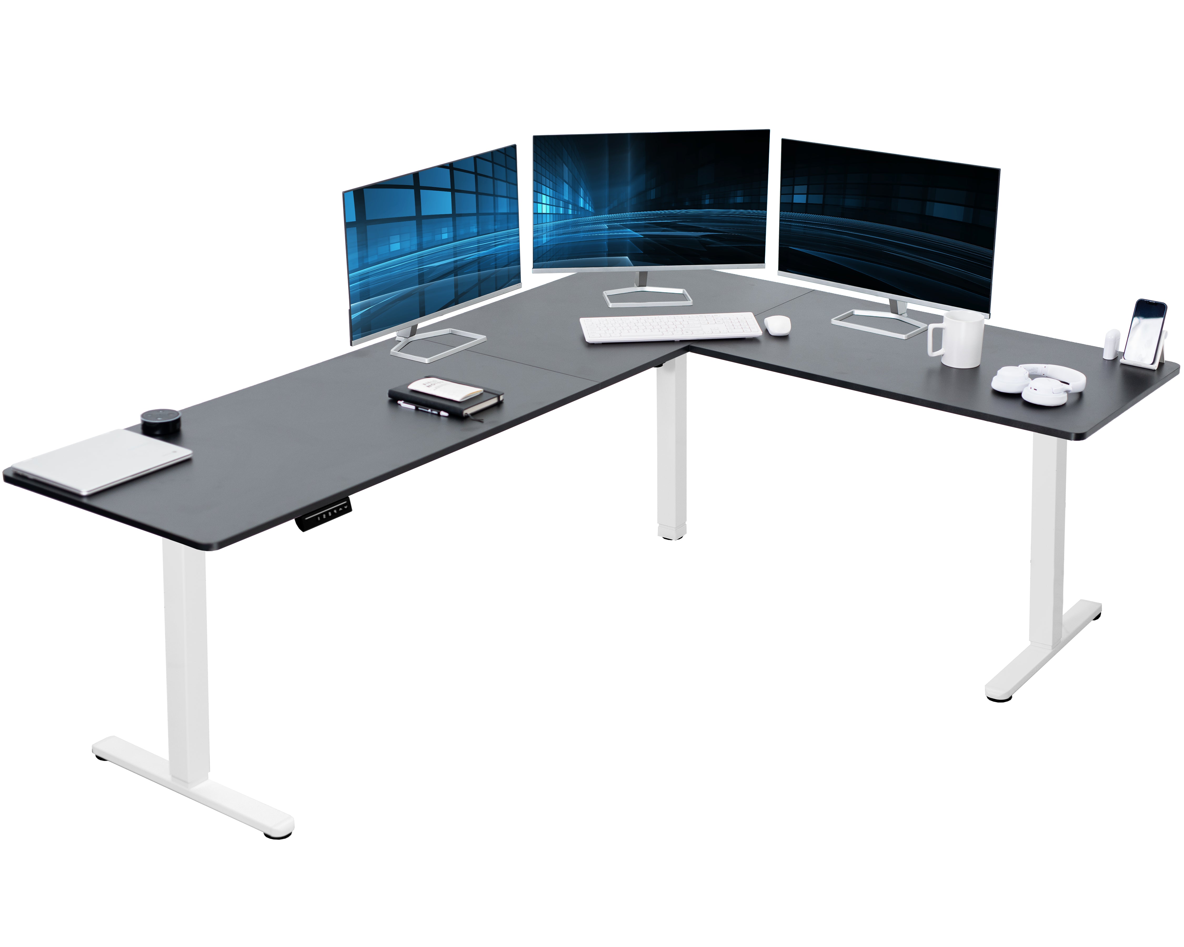 Electric heavy-duty large corner desk workstation for modern office workspaces.