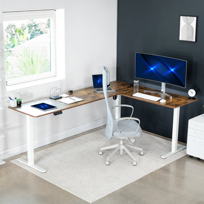 Electric heavy-duty large rustic corner desk workstation for modern office workspaces.