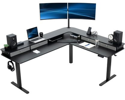 Dual-tier height adjustable electric corner desk with built-in shelving